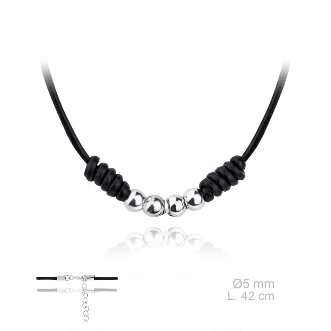 Gargantilla de cuero negro y 4 bolitas con terminales de Plata de Ley | L. 42+5cm