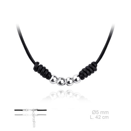 Gargantilla de cuero negro y 4 bolitas con terminales de Plata de Ley | L. 42+5cm